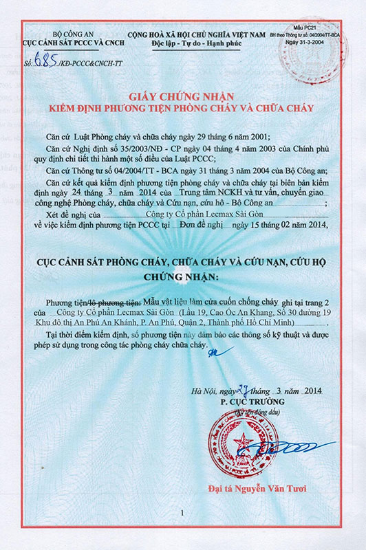 Chứng nhận kiểm định phương tiện PCCC tháng 2/2014